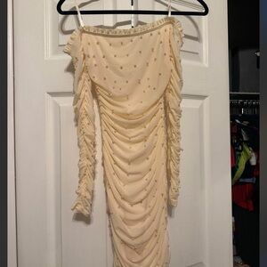 Elegant Off-Shoulder Cream Dress with Pearl Accents